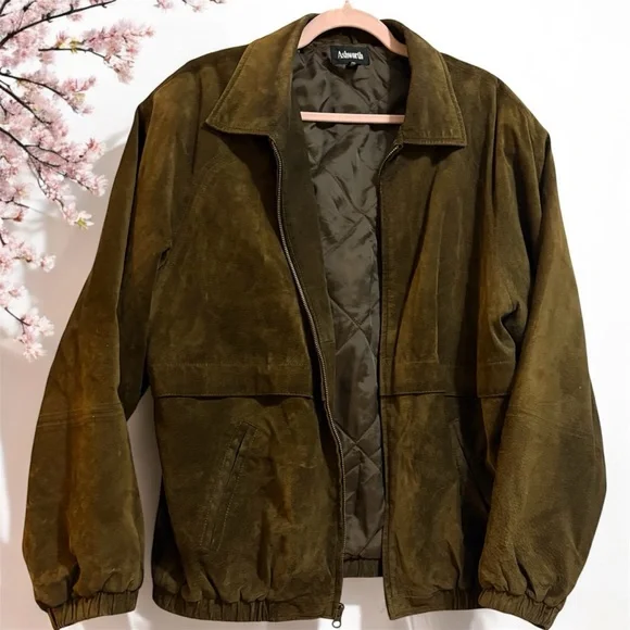 VTG Ashworth Water Repellent Pig Suede Olive Green Brown Men's Jacket Medium - Picture 1 of 13